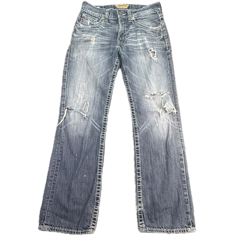 Big Star Voyager Straight Relaxed Jeans Men 31R Blue Distressed Denim 001974